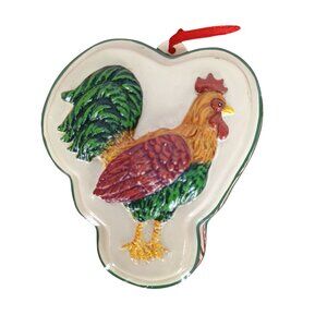Ceramic Rooster Hanging Ornament With Intricate Hand-Painted Details & Red Ribbo